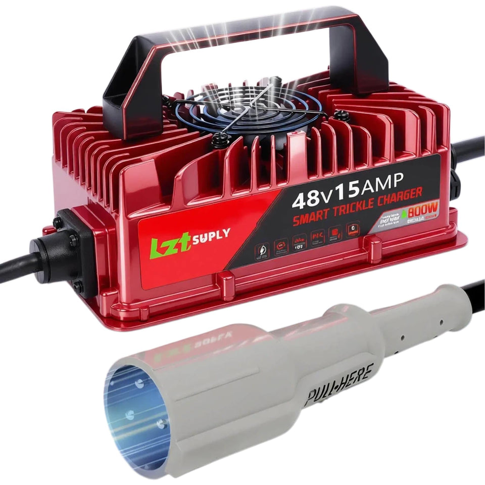 Lztsuply 48V charger with 3-pin round plug for efficient golf cart charging.