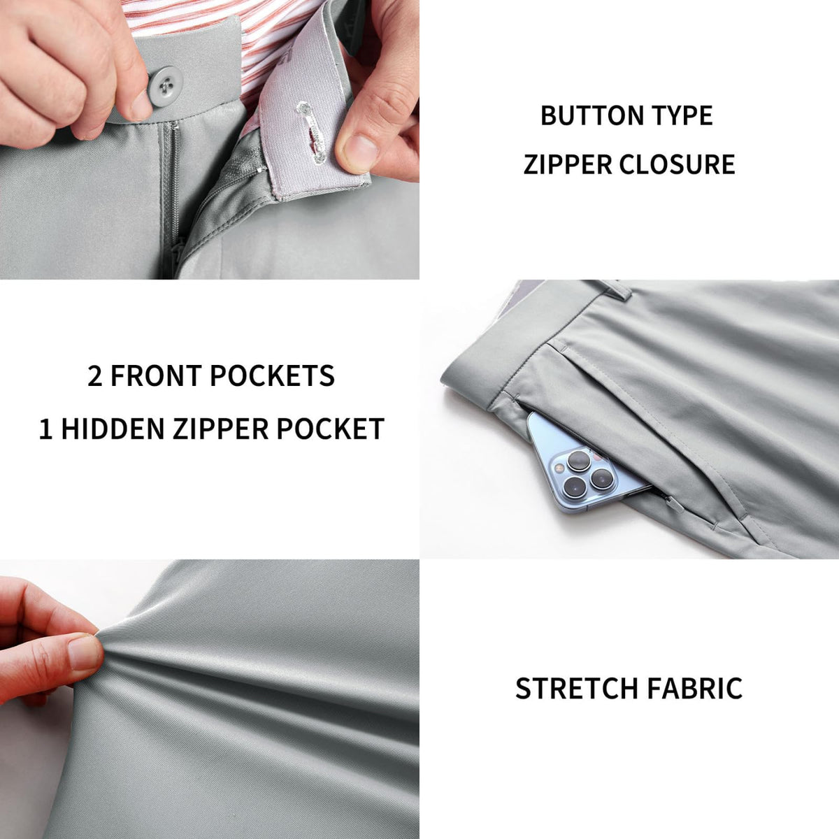 M MAELREG dress pants five-pocket layout ideal for essentials on the go.