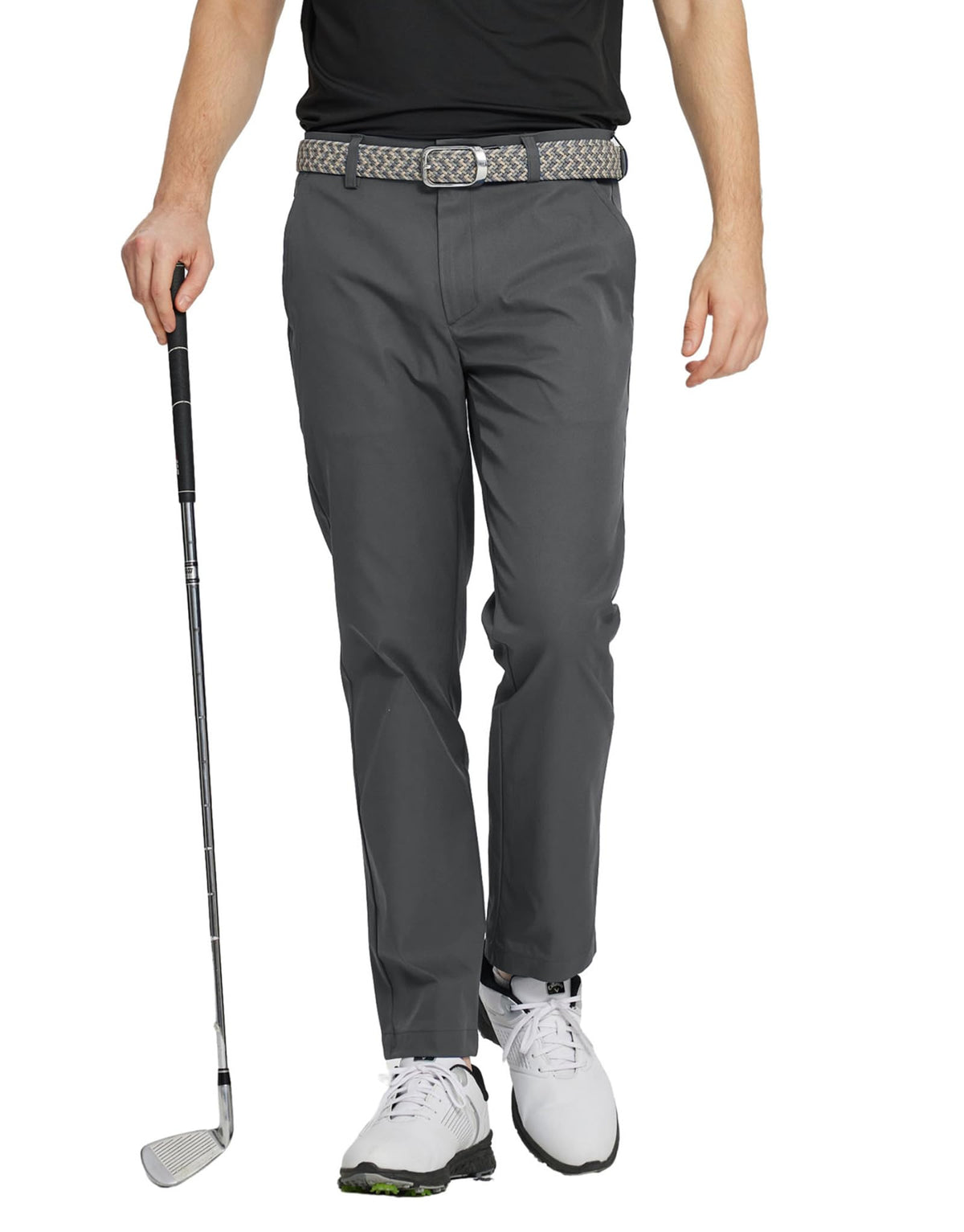 M MAELREG golf pants front view in dark grey, sleek fit for on-course performance.