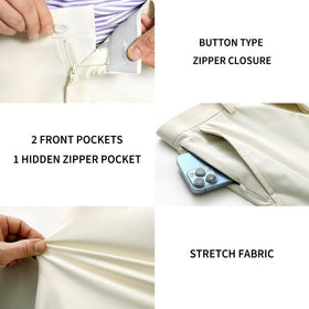 M MAELREG golf pants fabric texture shows water resistance and quick-dry properties.
