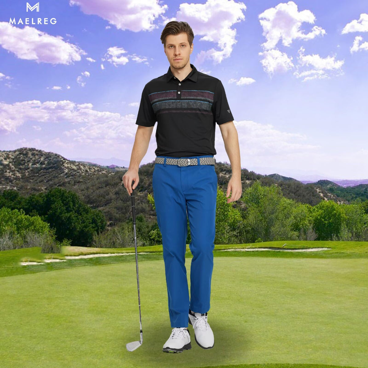 M MAELREG waistband features non-slip logo for secure tuck during swings.