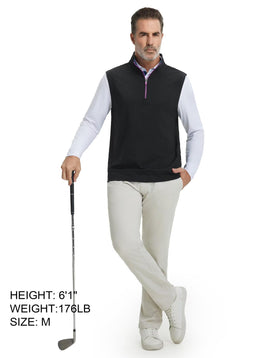 M MAELREG golf vest quarter-zip close-up shows breathable fabric and four-way stretch for all-day comfort.