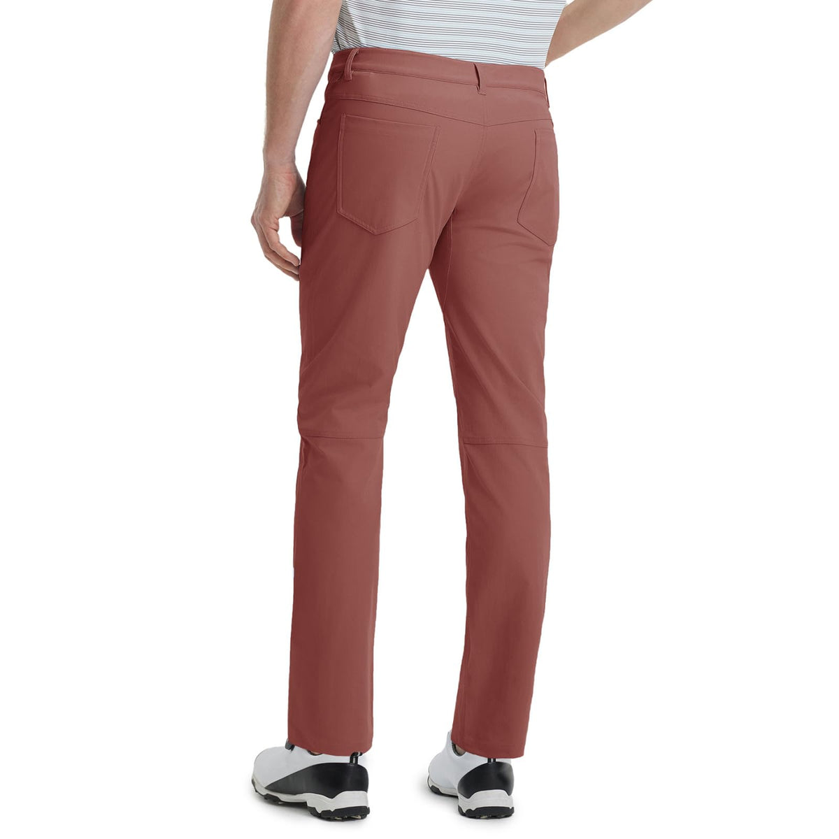 M MAELREG pants cranberry side view, showing flexible stretch for movement.