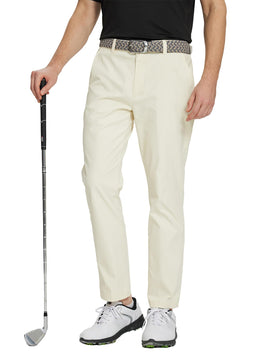 M MAELREG men's golf pants front view in beige; slim silhouette showcasing style.