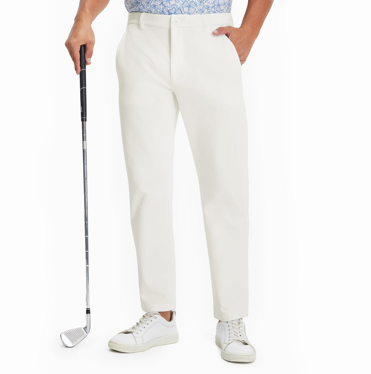 MAELREG men's golf pants front view with four pockets for storage.