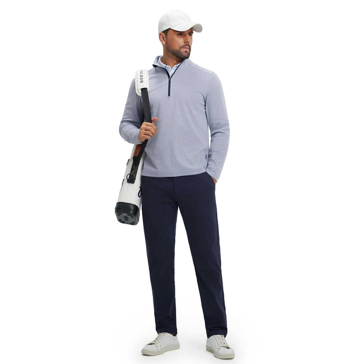 M MAELREG men's golf pants side view highlighting 4-way stretch for unrestricted swing