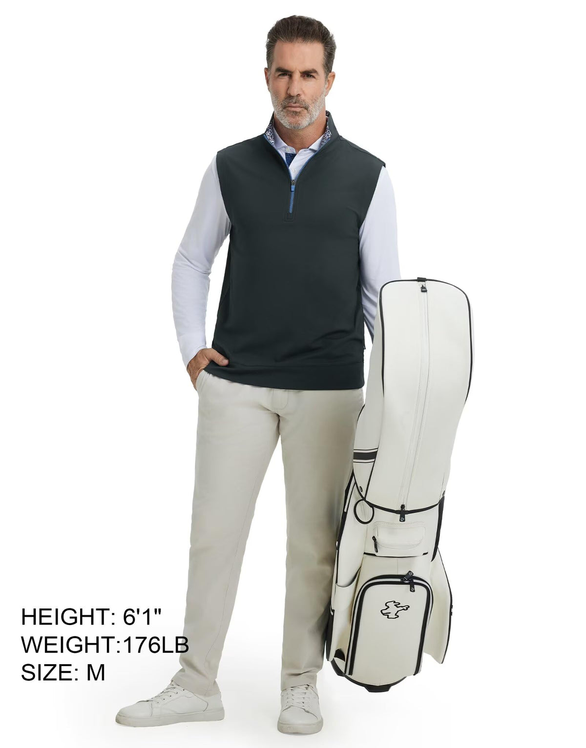 M MAELREG vest close-up highlights 4-way stretch and moisture-wicking properties.
