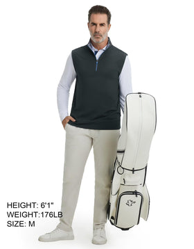 M MAELREG vest close-up highlights 4-way stretch and moisture-wicking properties.