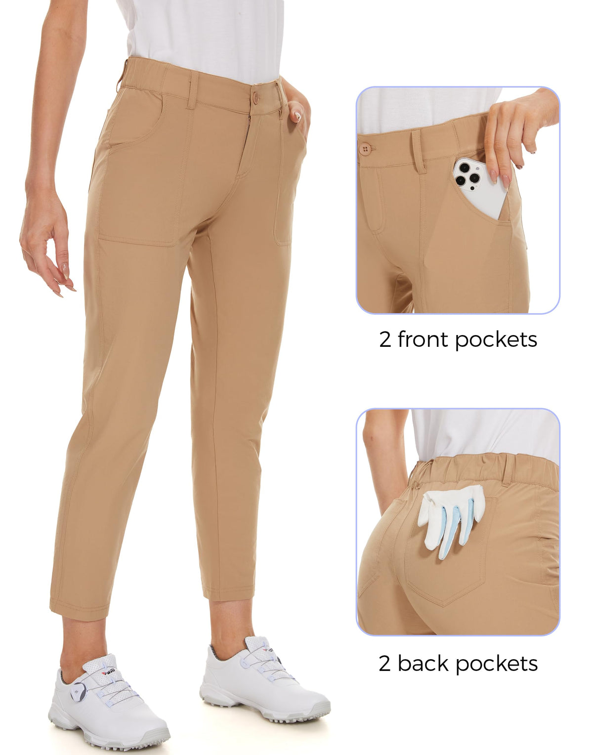 M MOTEEPI khaki golf pants feature a half-elastic waistband for a secure, comfortable fit.