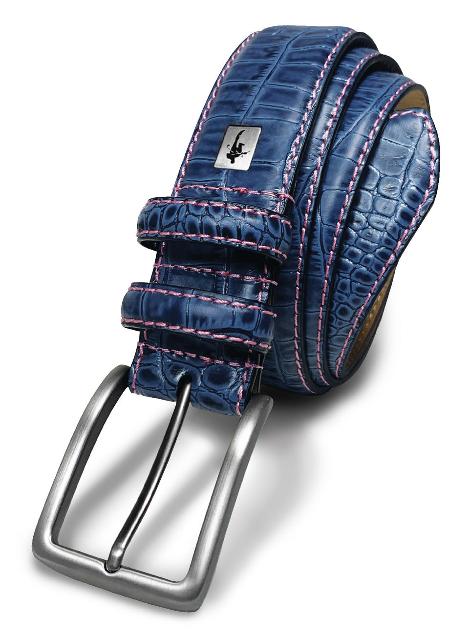 MAD GOLFER Skins Croco Print Leather Belt in blue shows crocodile texture for polished on-course style.