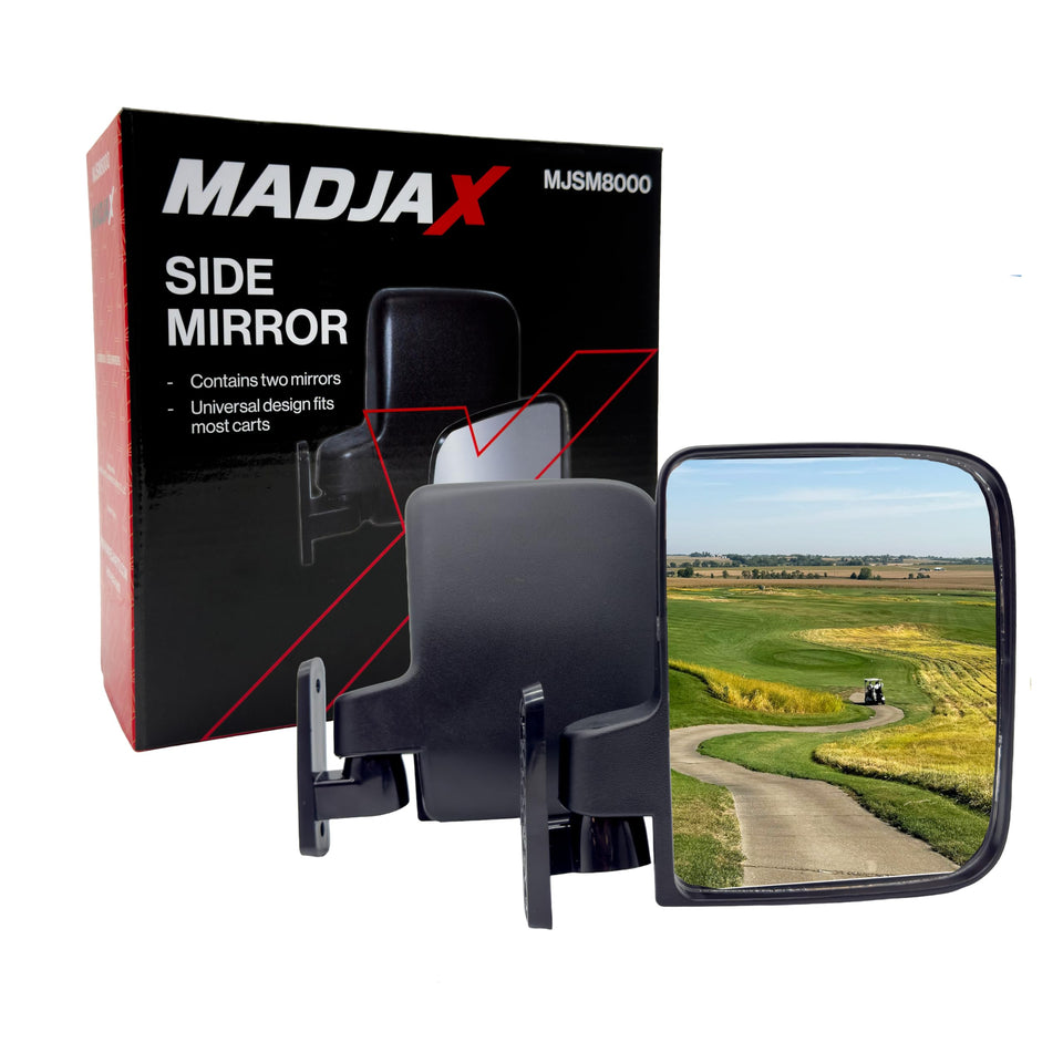 MADJAX golf cart mirror with convex lens for wider rear visibility.