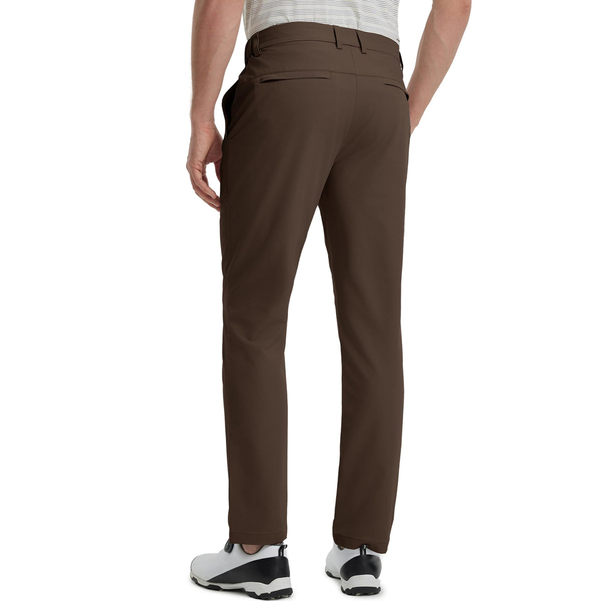 Maelreg golf pants dark brown back view with hidden zip pockets for valuables.