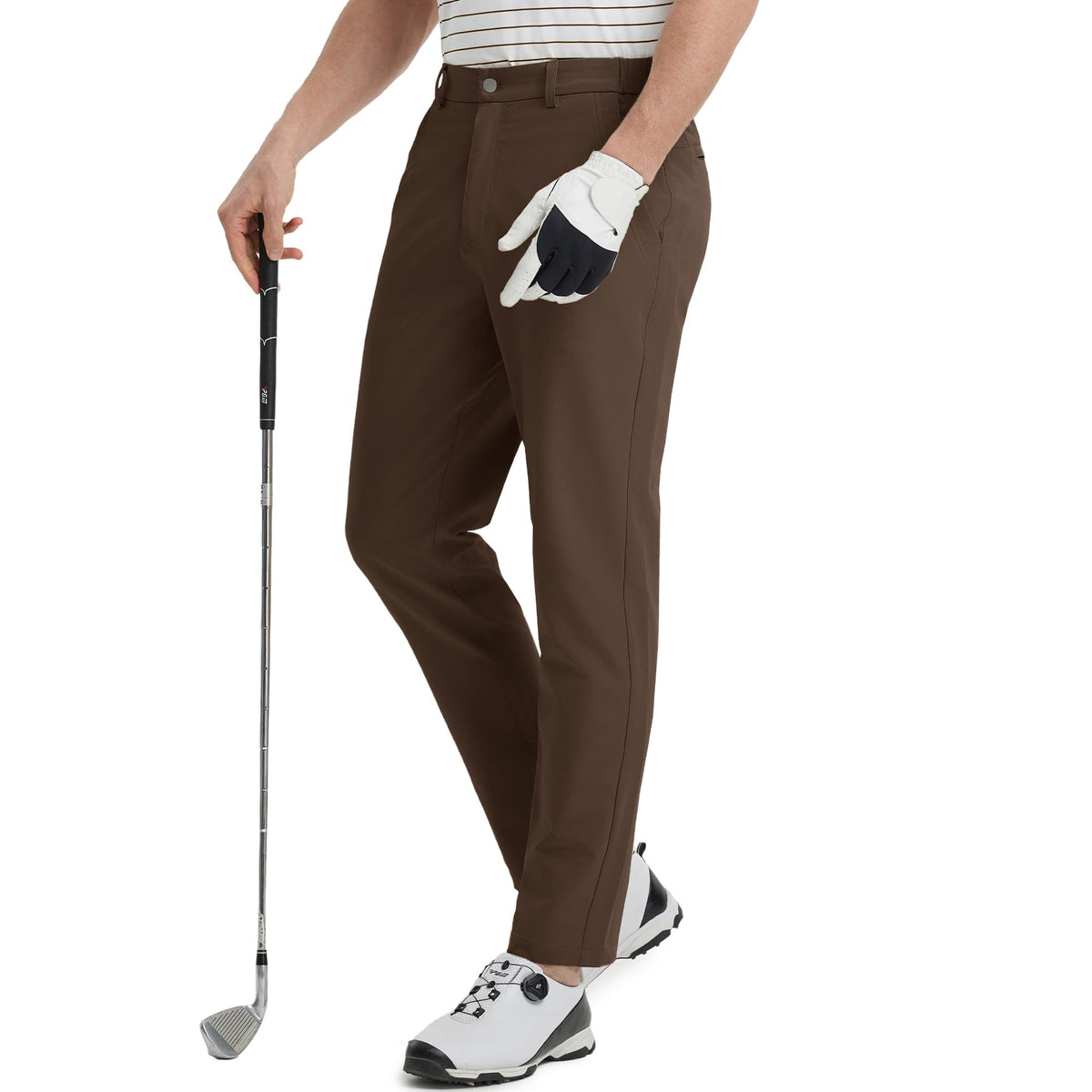 Maelreg golf pants dark brown side view showing stretch fabric for unrestricted movement.