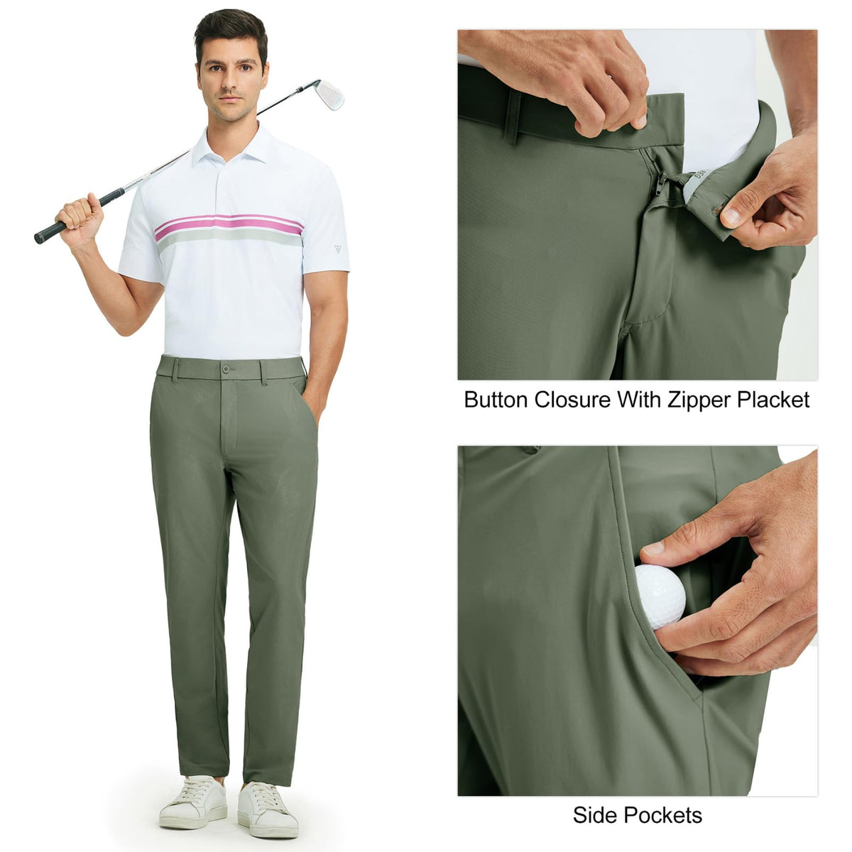 Maelreg pockets detail olive green golf pants, four deep pockets for essentials
