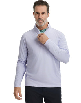 MAELREG lavender jacquard knit pullover shown in active setting for layering
