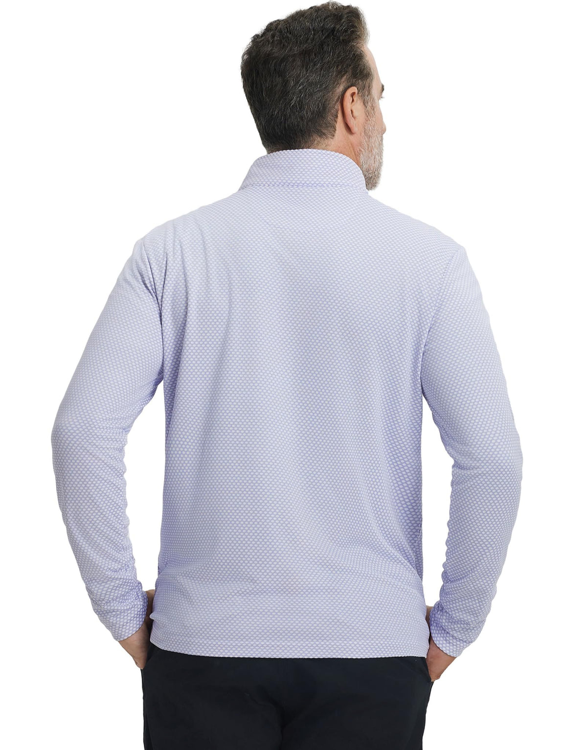 Quarter-zip MAELREG pullover with lavender jacquard pattern on the course