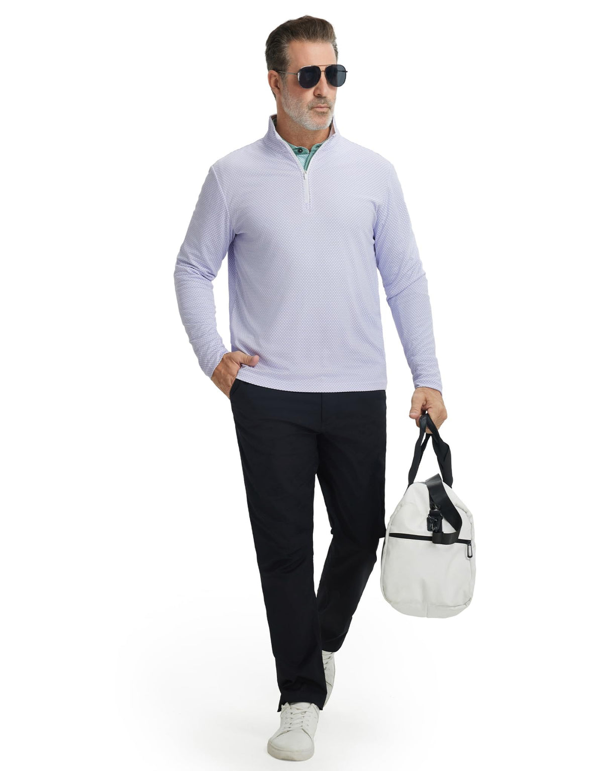 Lavender MAELREG pullover worn with athletic jacket for layered comfort