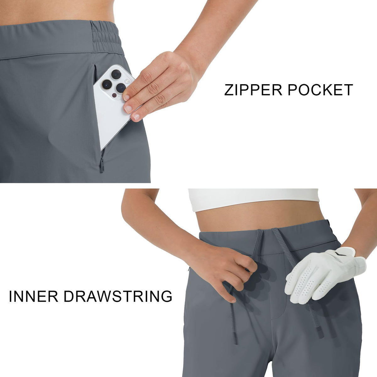 Maelreg women's golf pants side-zip pockets demonstrate convenient storage on the course.