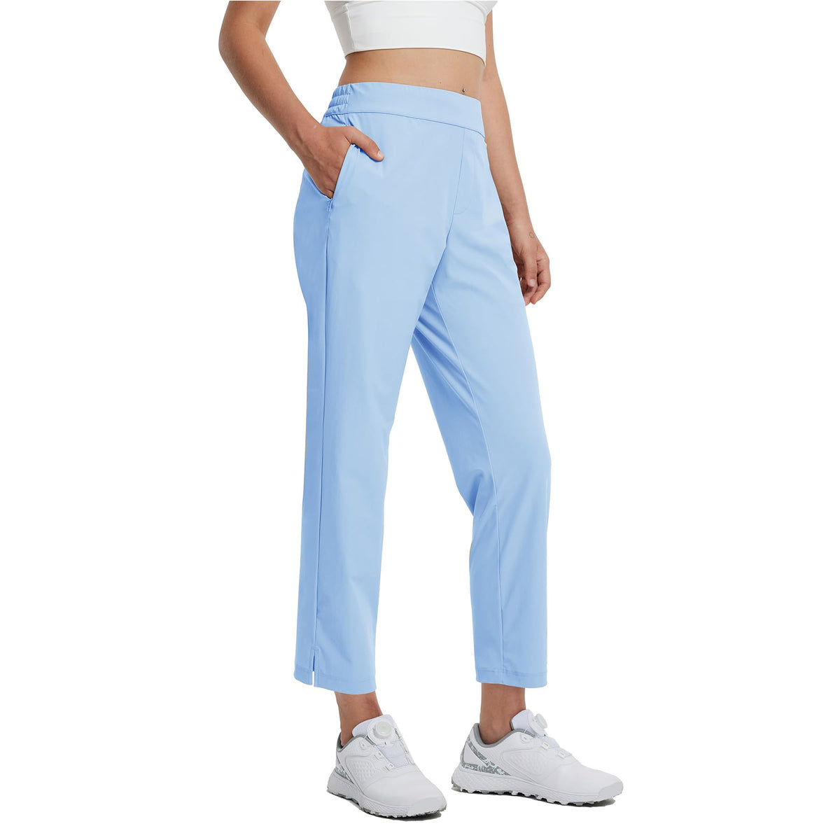 M MAELREG women's golf pants with zip pockets in blue, secure course storage.