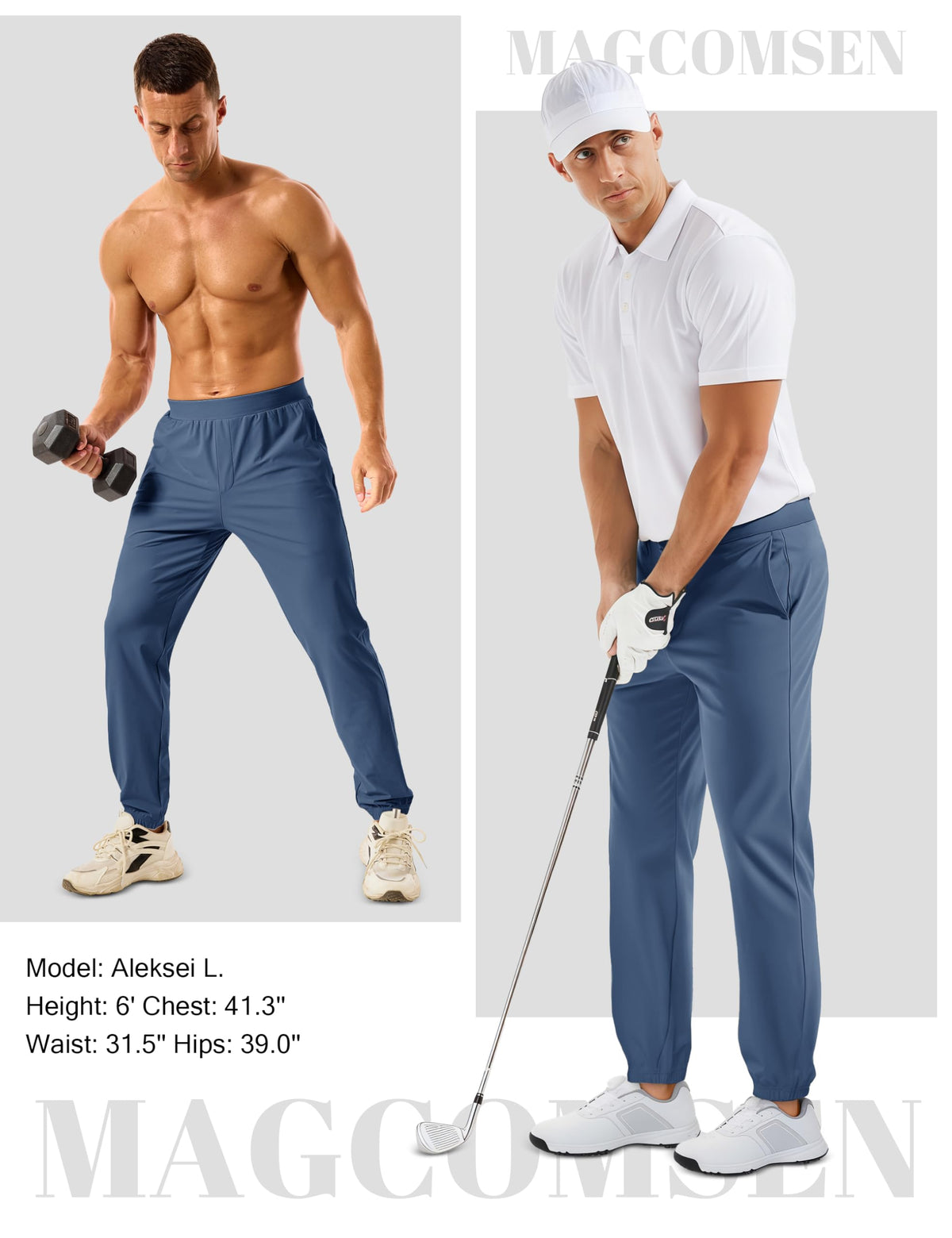 MAGCOMSEN in-action shot; versatile wear for golf and gym