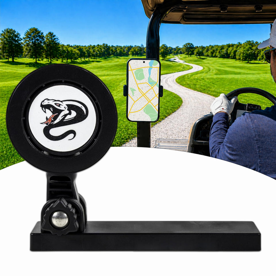 Magmamba Link on golf cart, secure magnetic mount for hands-free phone access.