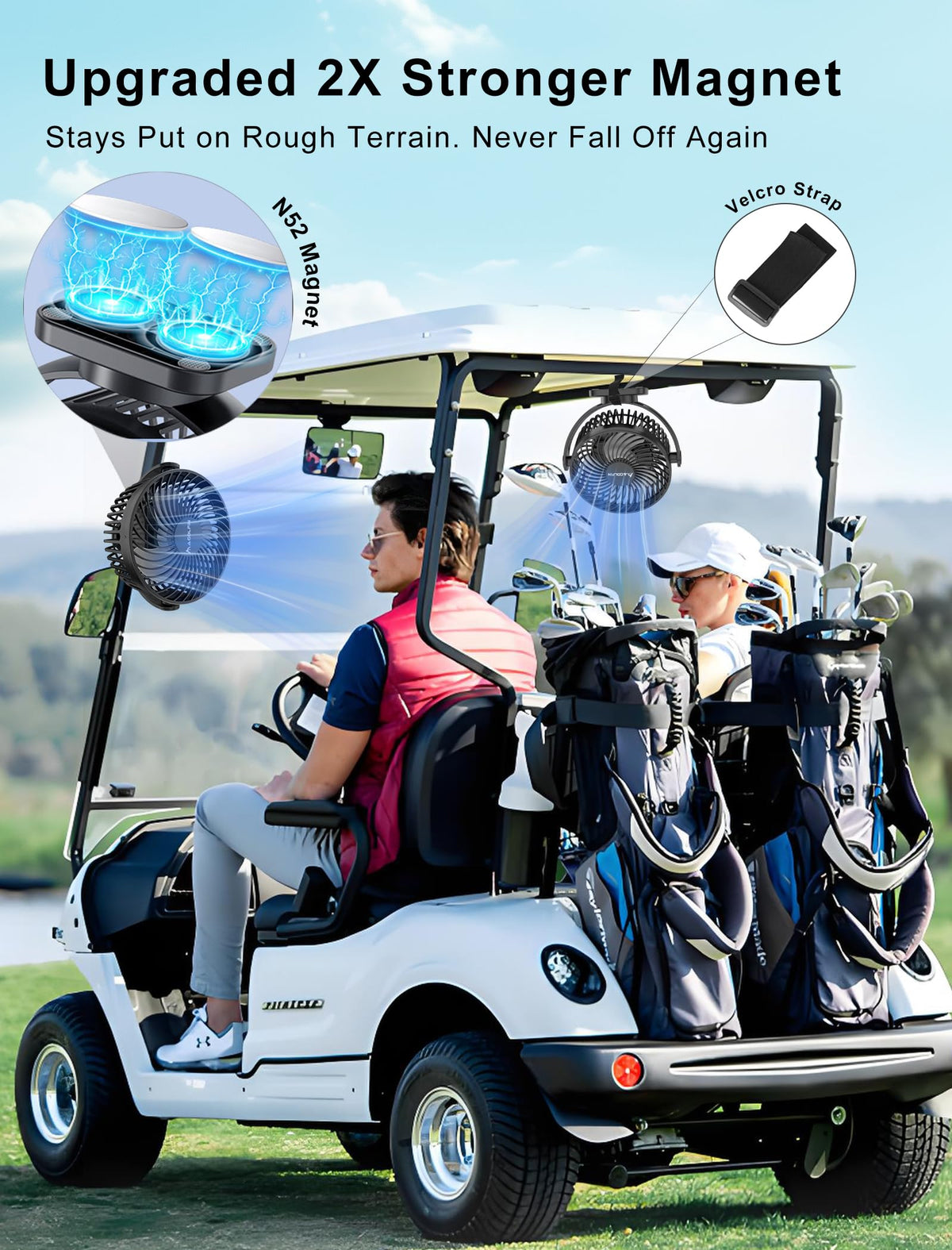 MAGOLFIN 12000mAh golf fan battery delivers long-lasting cooling during long rounds.