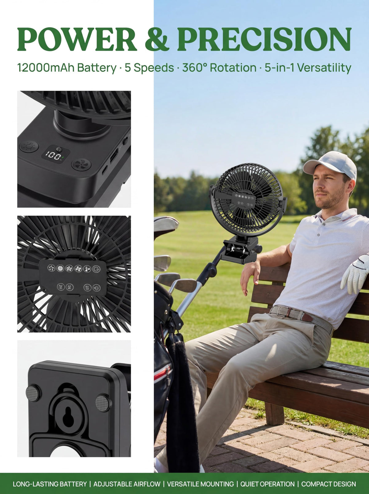Magolfin 12000mAh rechargeable battery for long-lasting airflow on the course.