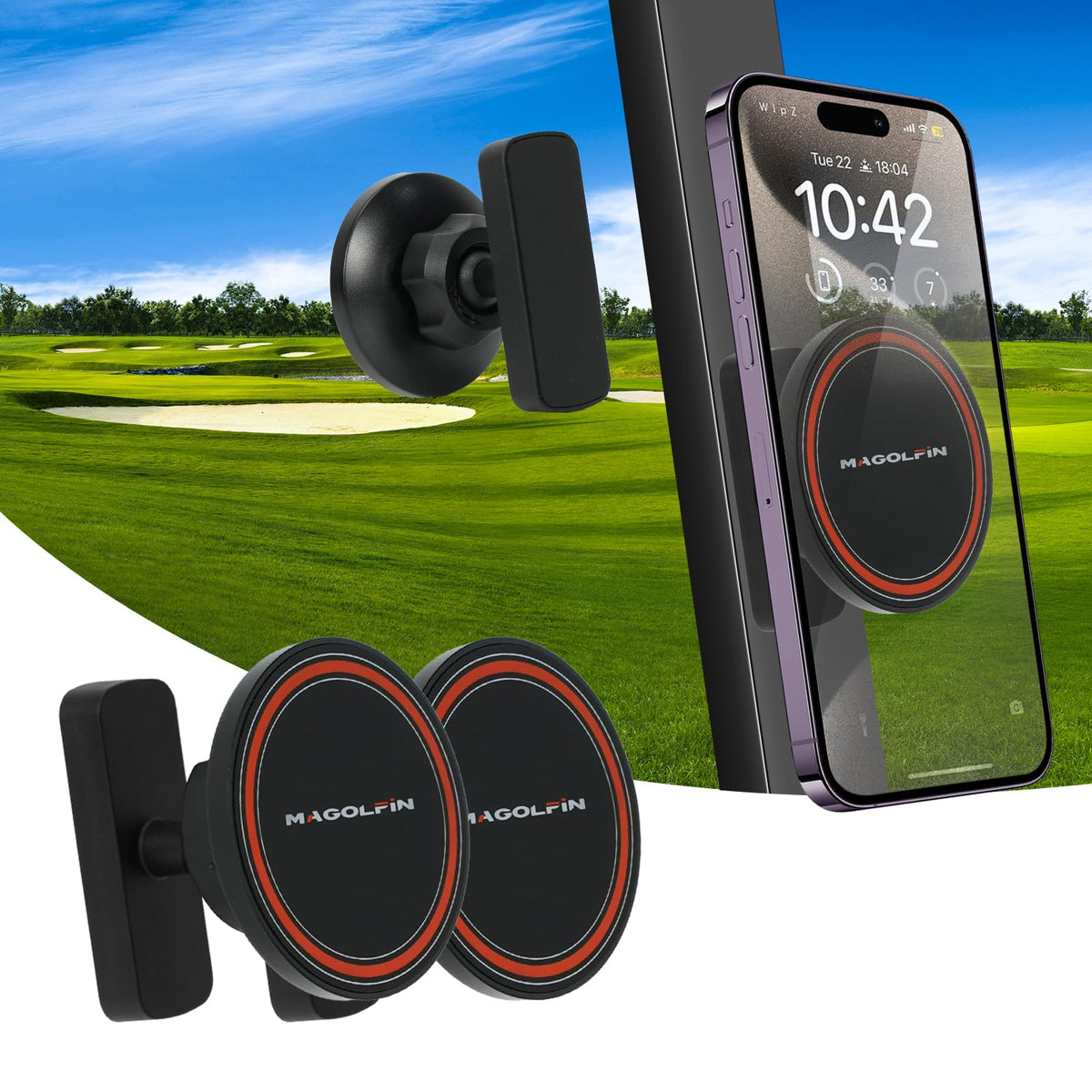 MAGOLFIN 2-pack magnetic golf cart phone holder front view keeps your phone secure on the course.