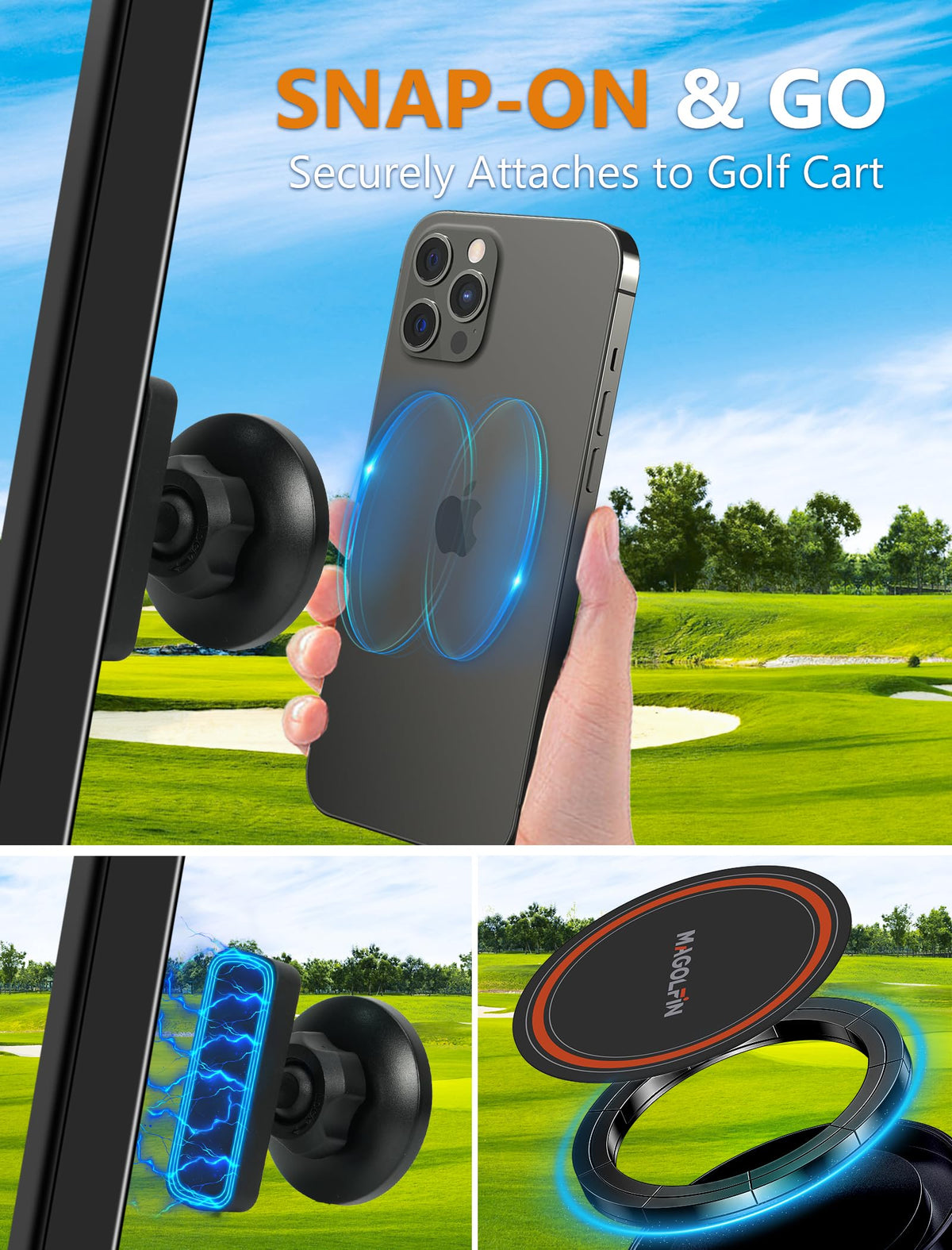MAGOLFIN 2-pack magnetic golf cart phone holder side view shows compact, secure mounting.