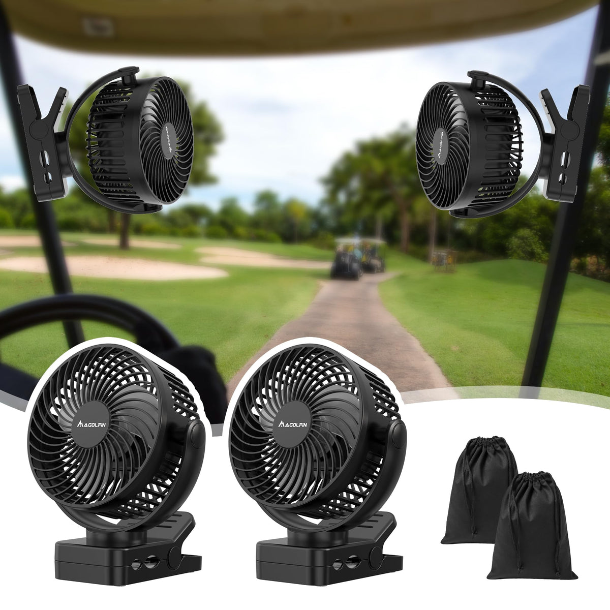 MAGOLFIN 2-pack magnetic clip-on fan on golf cart for course cooling