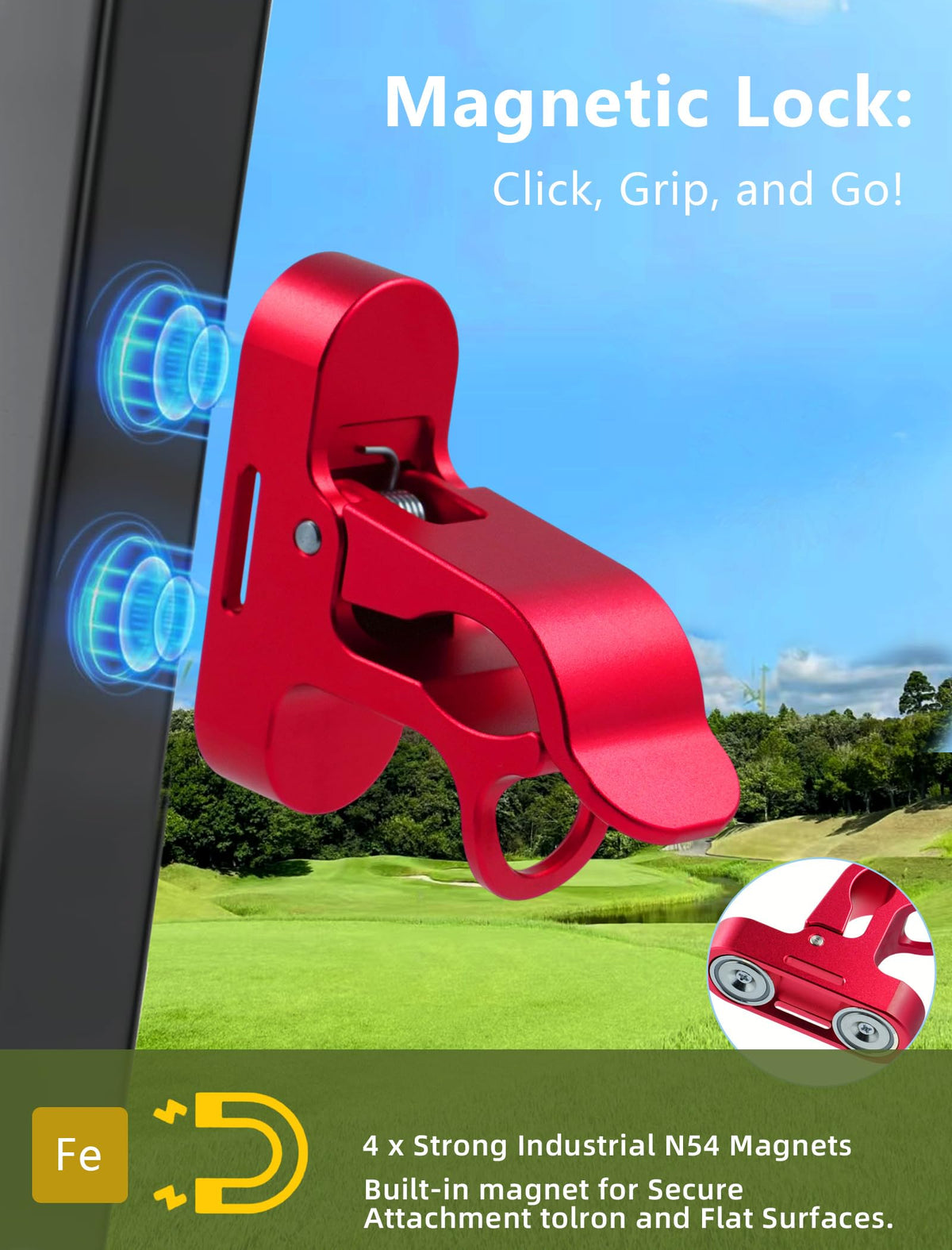 MAGOLFIN anodized aluminum clip with ergonomic grip for easy attachment