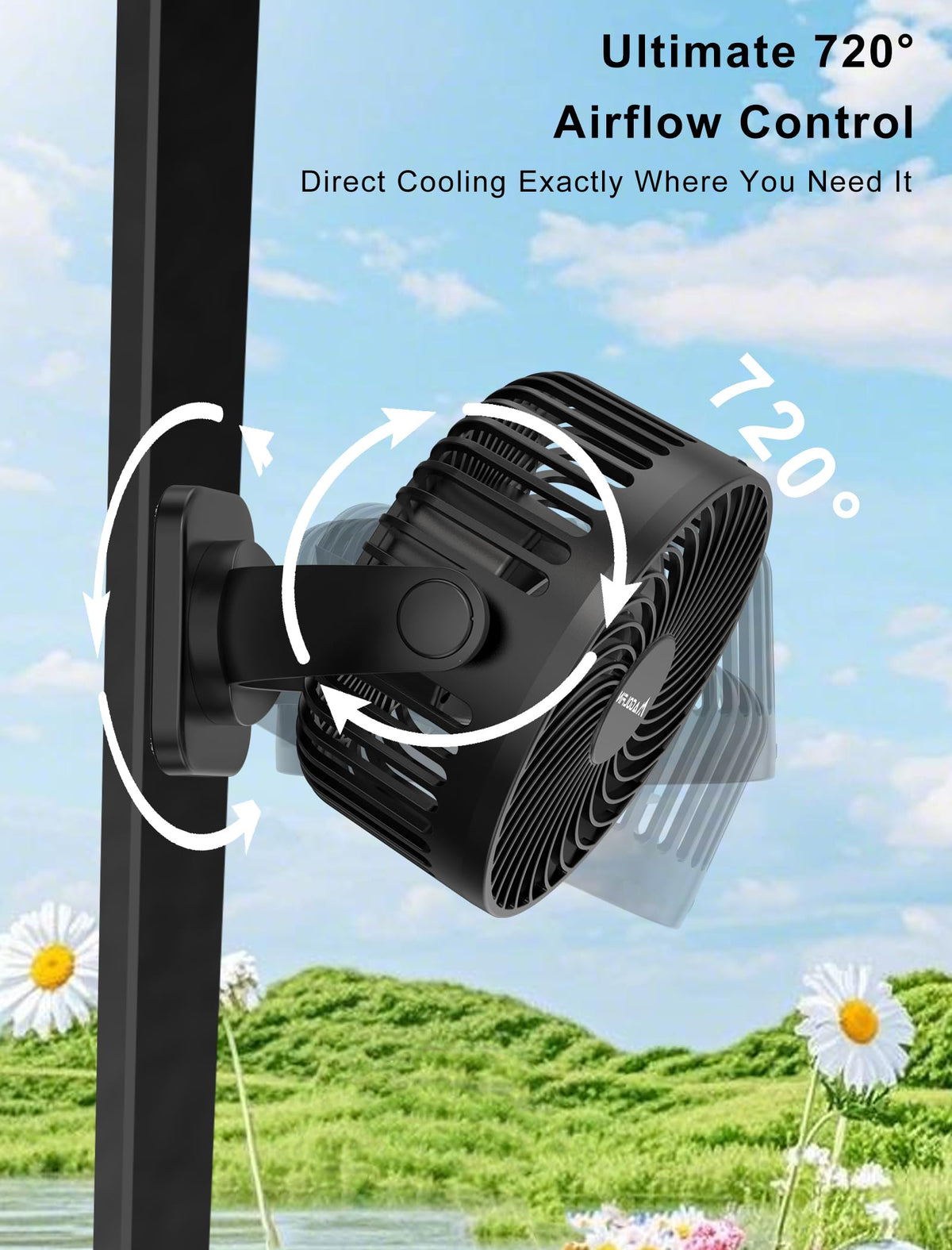 MAGOLFIN golf cart fan with LED light for cooling and visibility.