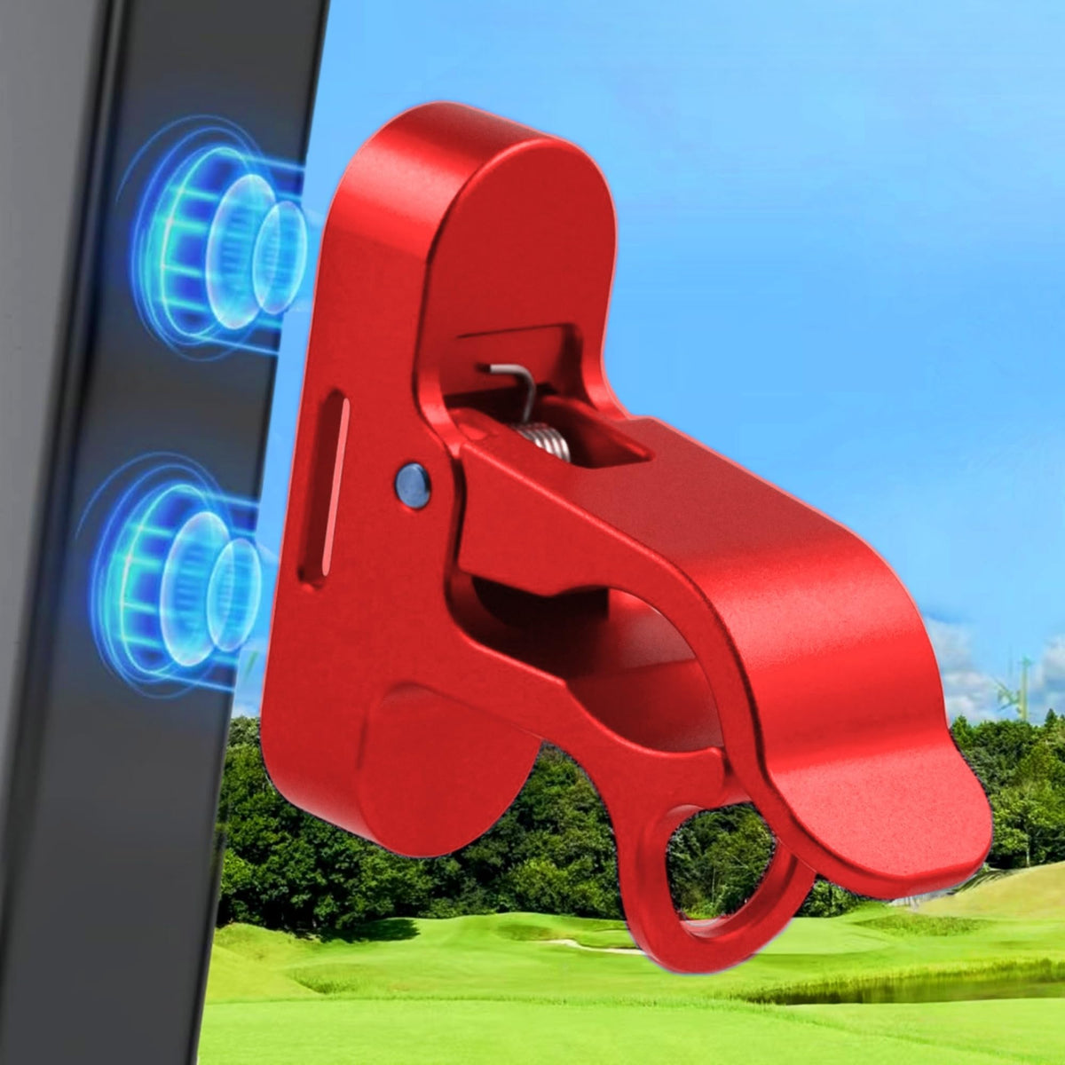 MAGOLFIN magnetic golf holder clip in red provides a secure grip on metal golf cart surfaces.
