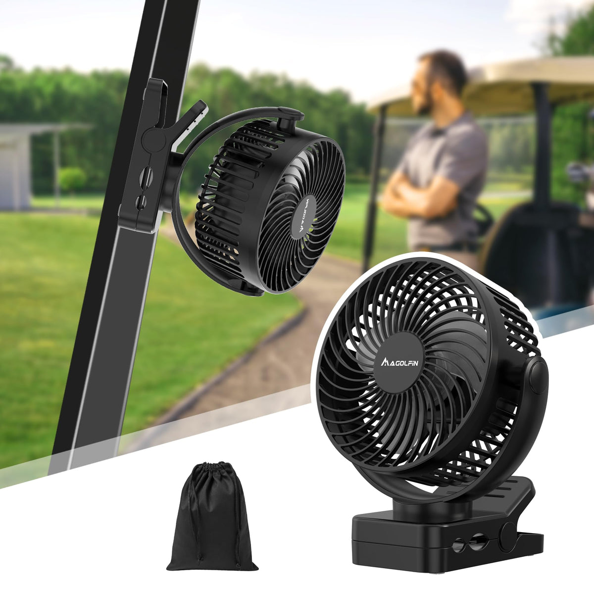 Magolfin magnetic base clip-on fan attached to metal surface for secure golf cart cooling