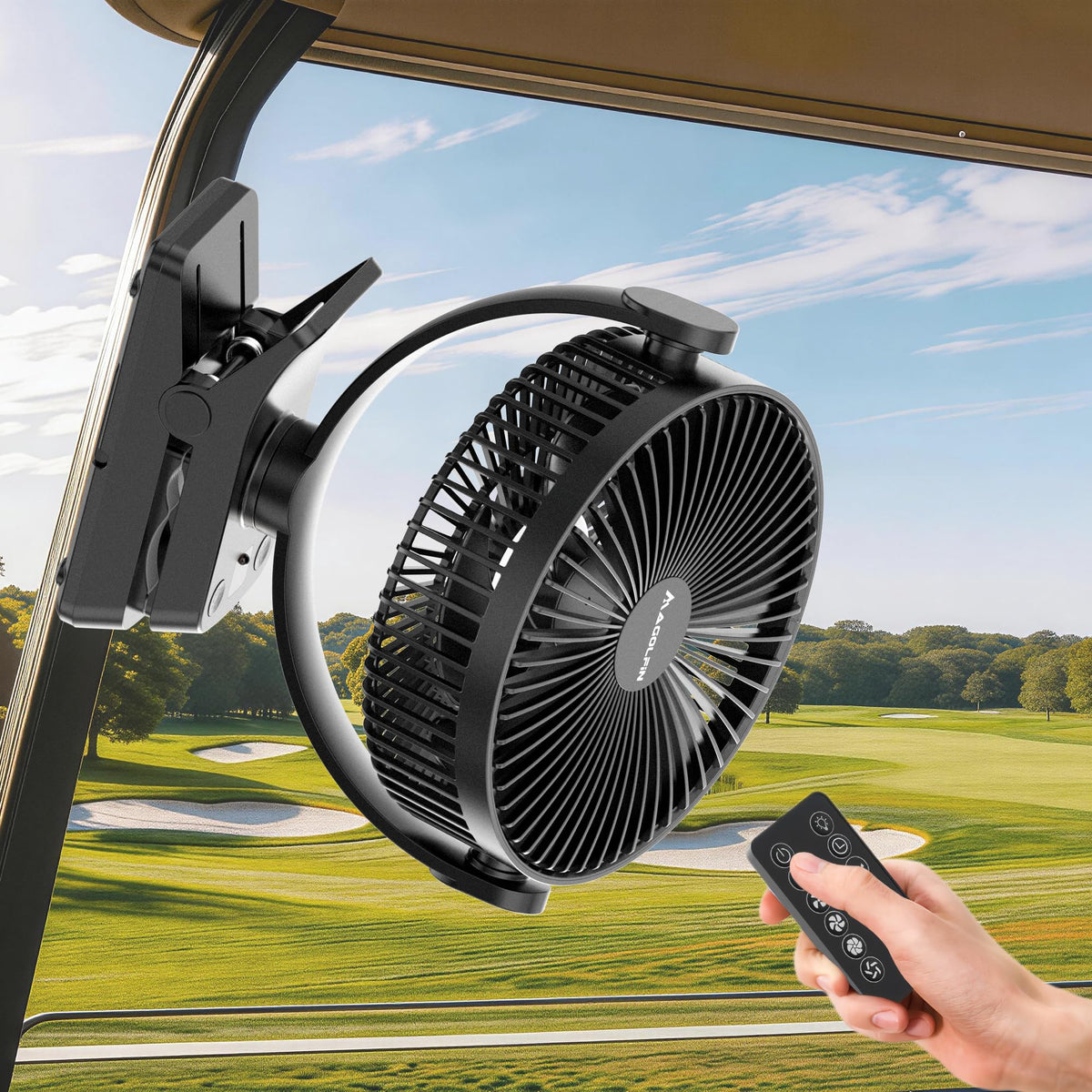 Magolfin magnetic base clinging to golf cart metal surface for hands-free cooling.