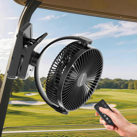 Magolfin magnetic base clinging to golf cart metal surface for hands-free cooling.