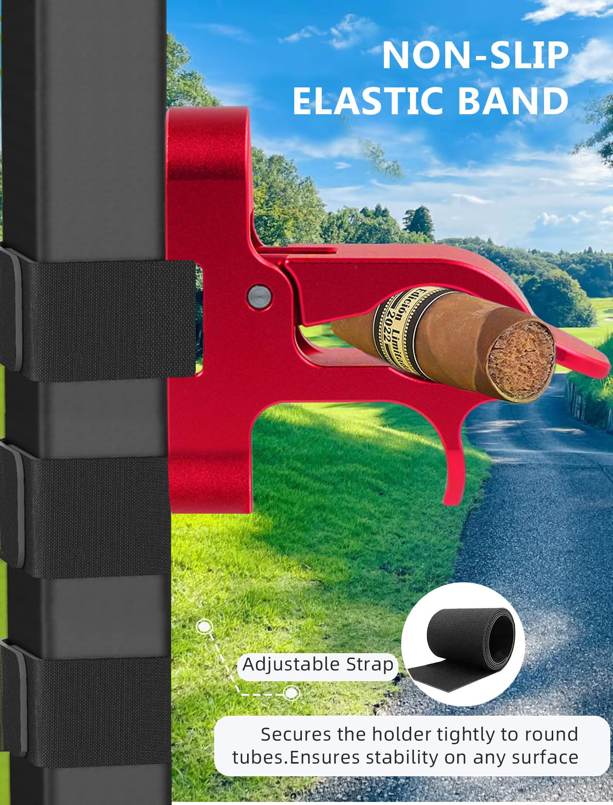 Secure-grip clip on a golf cart enables hands-free access during play.