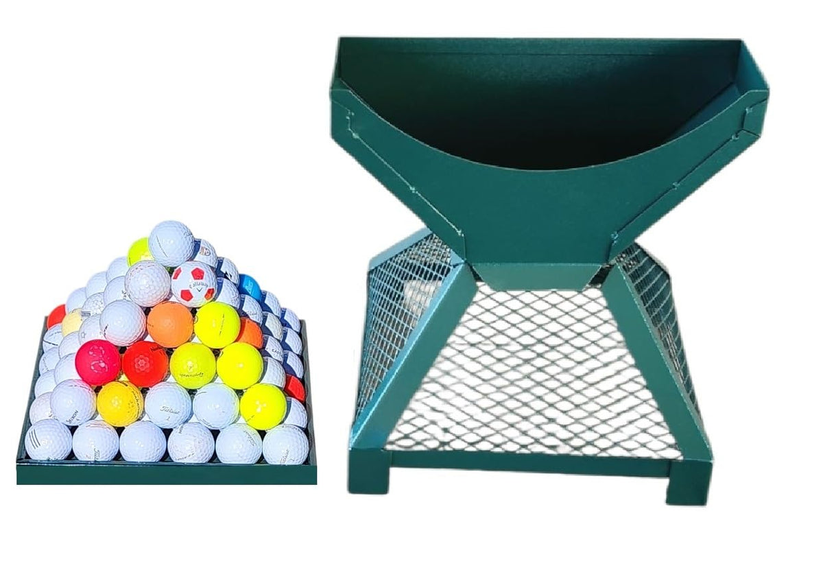 Main Products golf ball pyramid stacker in green steel for organized driving range displays.