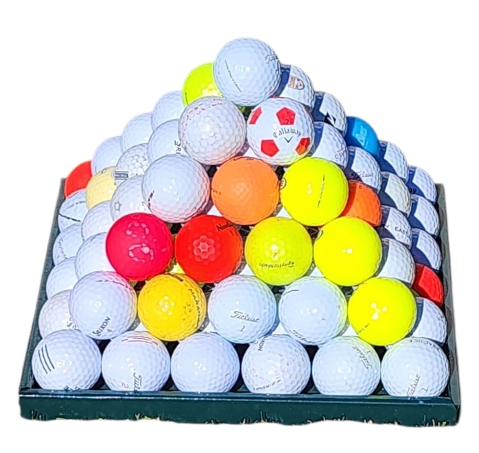 Main Products pyramid output keeps golf balls neatly arranged on green steel.