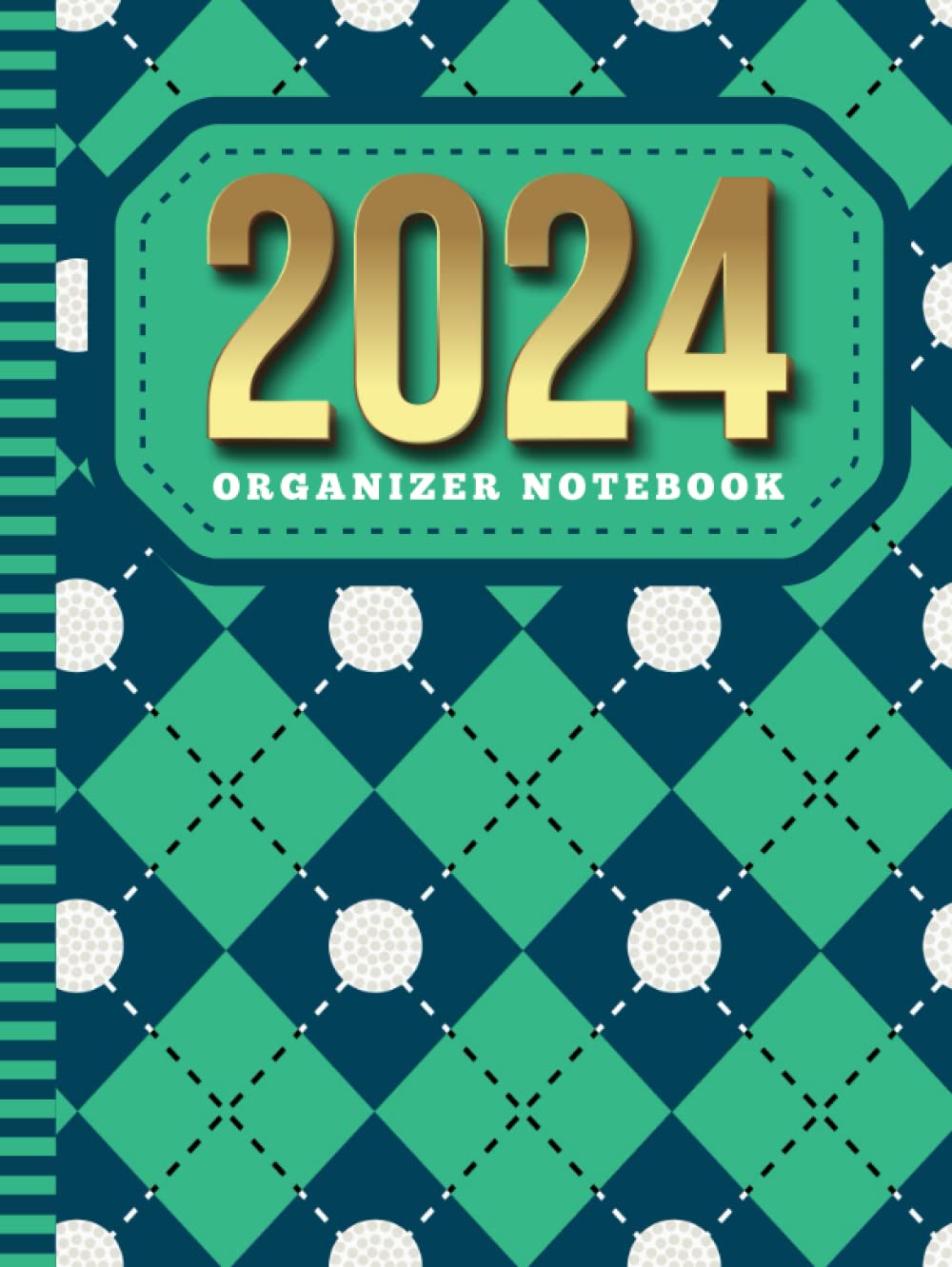 Majosta 2024 organizer notebook with green-blue argyle diamond cover; durable hardcover for daily planning on the go