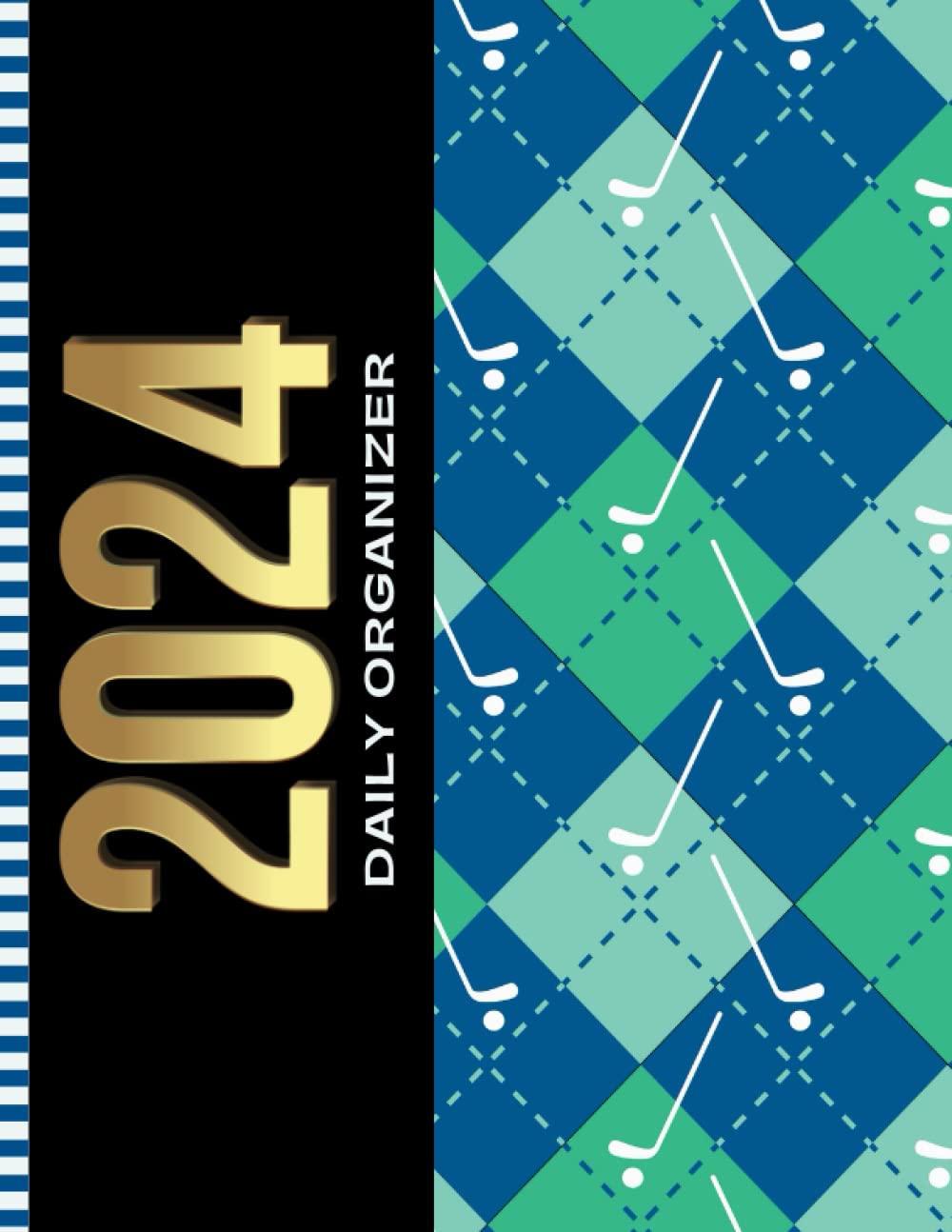Majosta daily planner 2024 cover with golf club ball art and argyle pattern for organized scheduling.