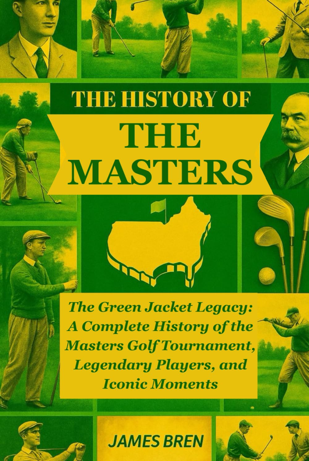 Majosta The History of the Masters book cover, featuring green jacket imagery, ideal for golf fans.