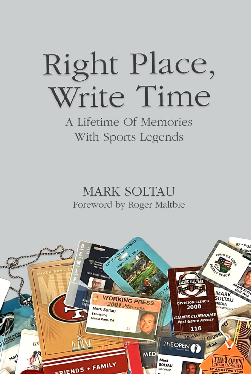 Majosta Right Place, Write Time cover featuring Mark Soltau inviting readers to relive sports memories.