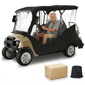 MASHELLY golf cart enclosure DS Precedent – front view showing all-weather protection for four passengers.