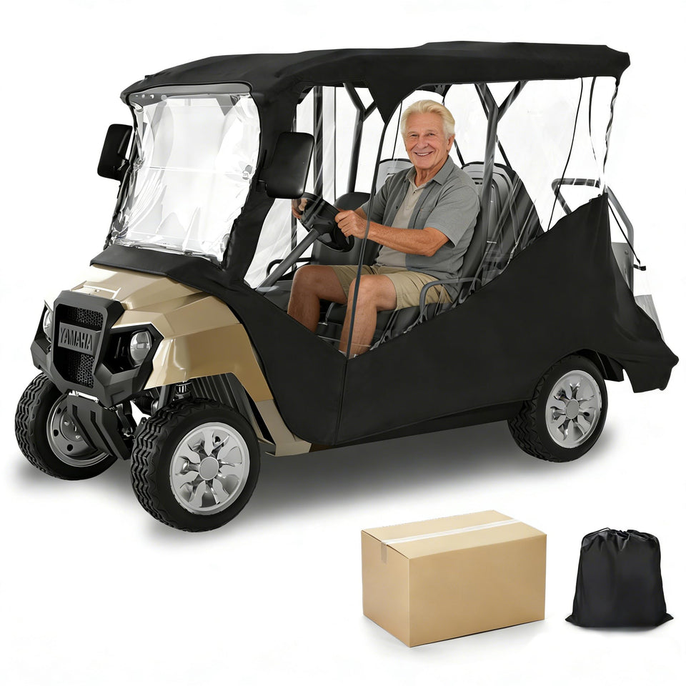 MASHELLY golf cart enclosure DS Precedent – front view showing all-weather protection for four passengers.