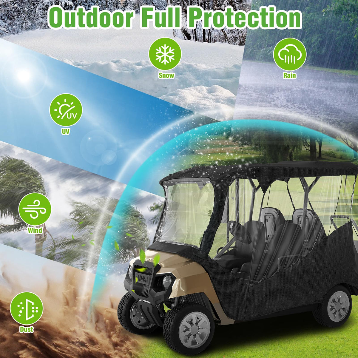 MASHELLY golf cart enclosure DS Precedent – rear doors enable quick access and rain defense.