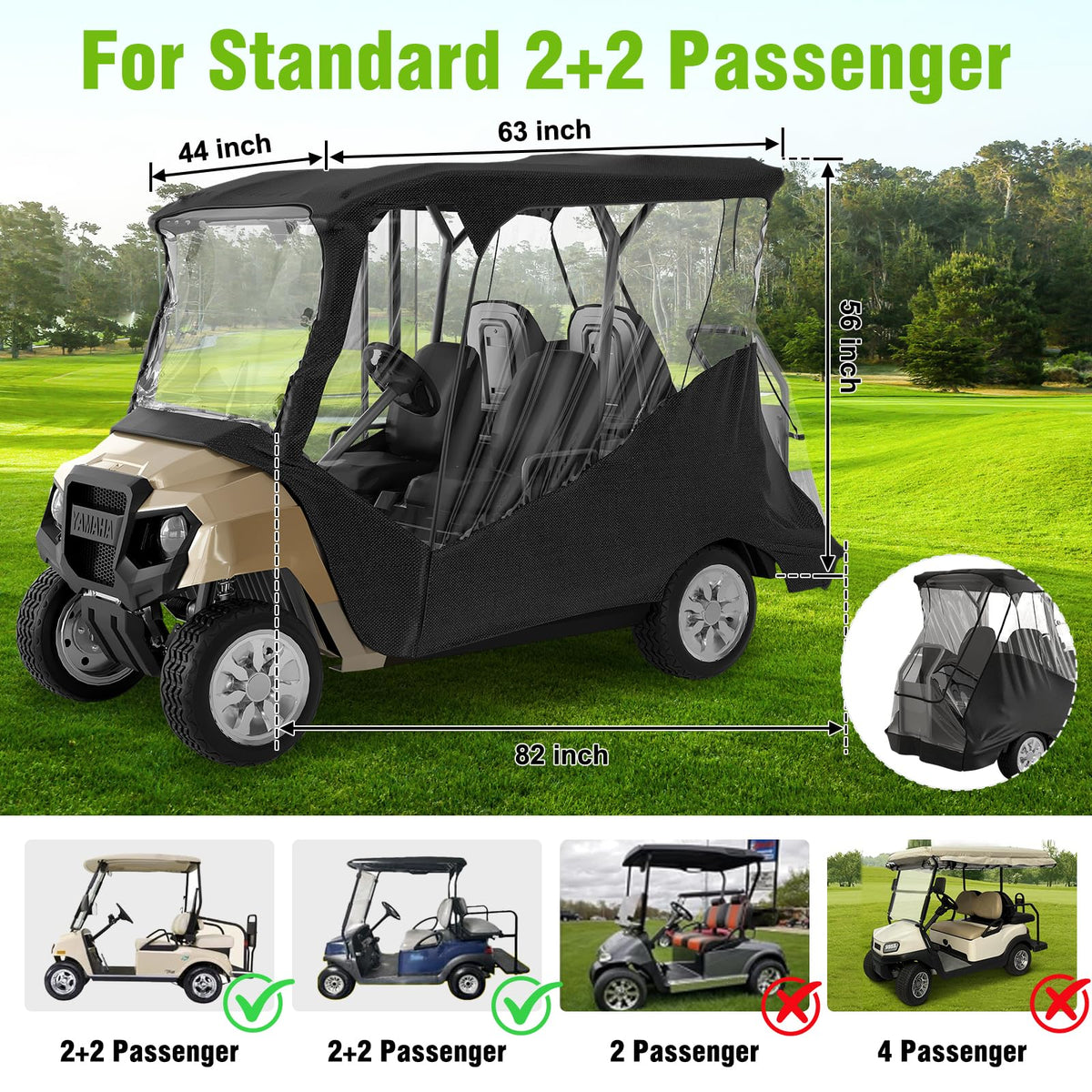 MASHELLY golf cart enclosure DS Precedent – side view highlights reinforced seams and windproof security.