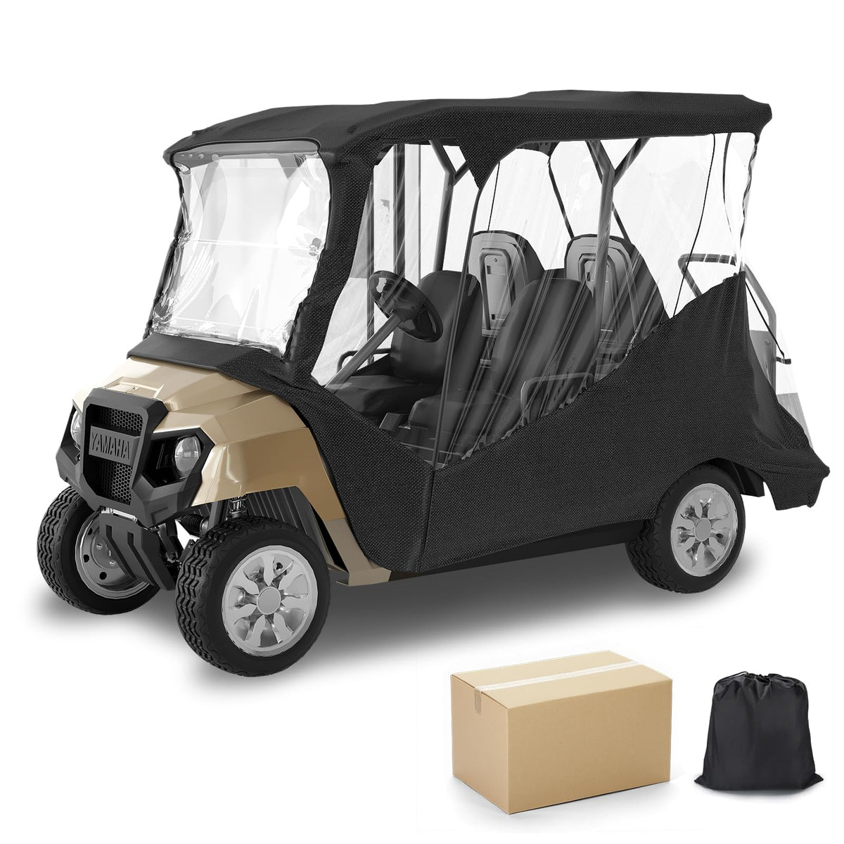 Mashelly DS Precedent enclosure front view with extended roof, four-passenger protection.