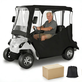 MASHELLY rain enclosure front view showing two-person cart protection and clear windows