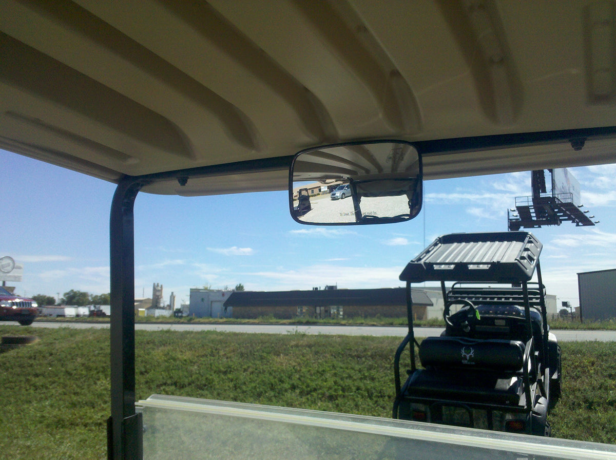 Maverick rear view mirror provides clear rear visibility on golf carts.